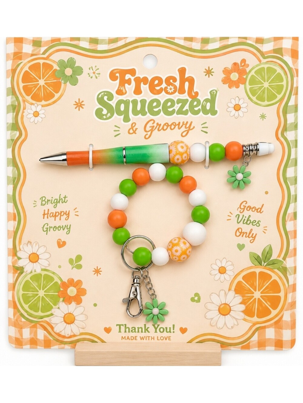 Groovy Green Gerbera Daisy Good Vibes Pen Keychain Bracelet Accessory Gift Set